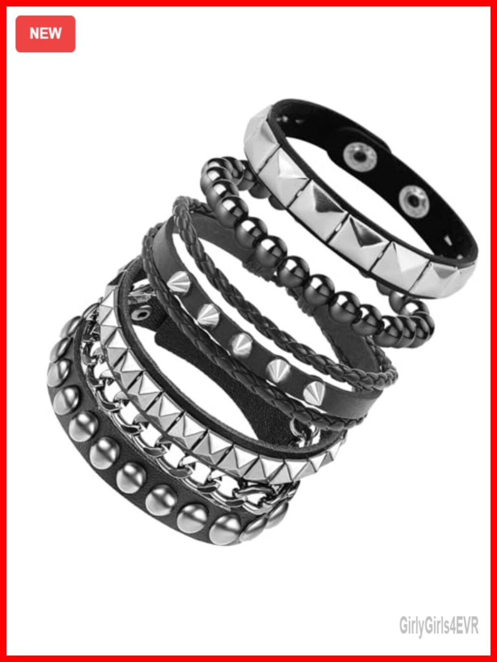 Studded Faux Leather Cuff Bracelet Set Spike Rope Beaded Wristband Punk Goth Emo